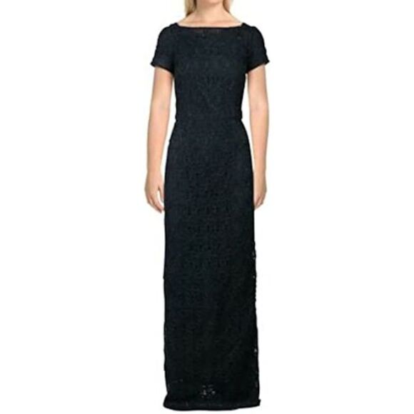JS COLLECTIONS Dresses & Skirts - JS COLLECTIONS Womens Navy V-back Lined Short Sleeve Full-Length Sheath Dress 2